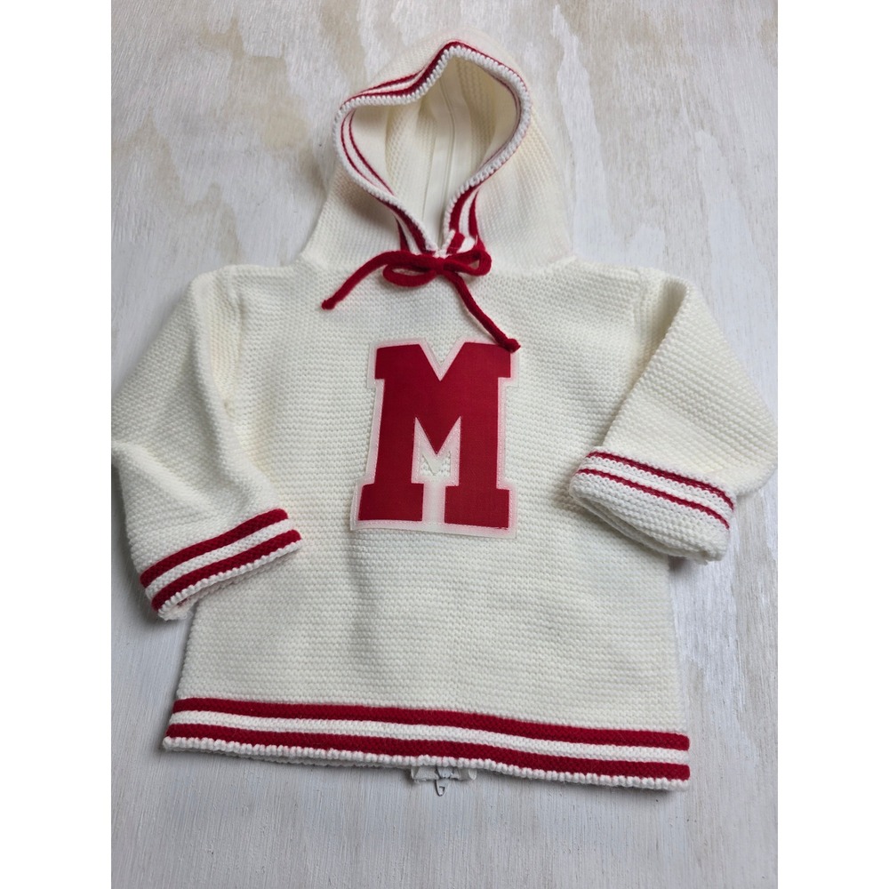 Vintage Style Kids Knit Hoodie Back Zip Varsity Letter M Sweater Cream Red